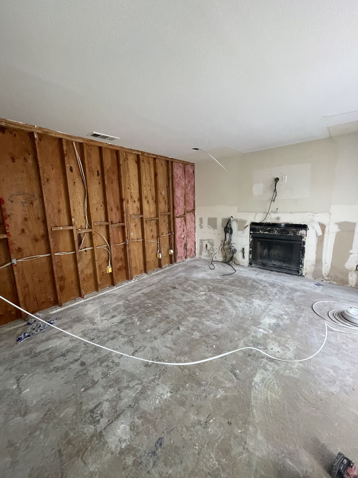 Subfloor and joists exposed after interior demolition